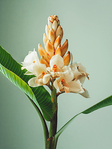 海报花店摄影照片_在香蕉叶后的一朵美丽的花植物