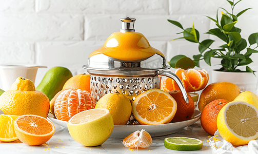 白色厨房桌子上的榨汁机和各种柑橘水果