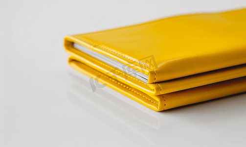 黄色页面摄影照片_反射地板和白色背景上的黄色皮革笔记本