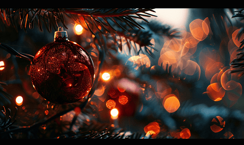 圣诞led灯串摄影照片_圣诞树上的红球和灯串