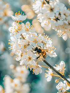 春茶上春摄影照片_阳光明媚的日子蜜蜂在白花上采集花粉春夏养蜂复制空间