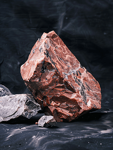 矿物岩石摄影照片_在黑色的粗砺的桃红色花岗岩岩石