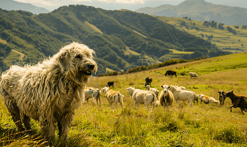 山地牧场的贝加马斯科牧羊犬控制着牛群