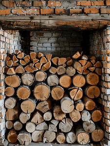 原木风干花摄影照片_未点燃的砖壁炉和原木