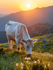 日落时分牛在山里吃东西