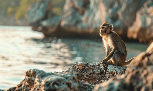 上部摄影照片_猴子坐在马来西亚婆罗洲岛的岩石上