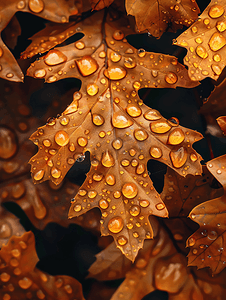 秋天橡树叶与雨滴十一月湿秋叶