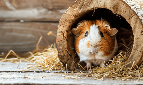 冷的搞笑有哪些摄影照片_干草上的可爱红白豚鼠特写小宠物在它的房子里
