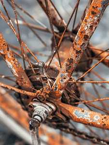 一辆生锈的破旧老式自行车后轮的特写