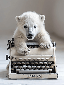 可爱动物幼崽摄影照片_打字机上的北极熊幼崽