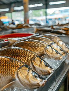 鱼店出售鲤鱼柜台上的冰鲜鲫鱼