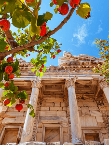土耳其以弗所的塞尔苏斯图书馆背景是蓝天和一棵长满石榴的树