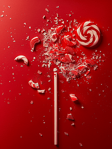 棒棒糖在红色背景顶视图上分成碎片并带有复制空间
