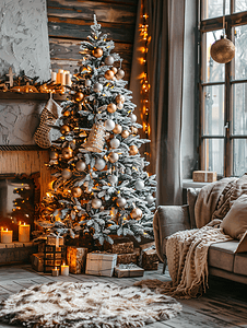 冬季假期的内部一棵神奇的发光圣诞树
