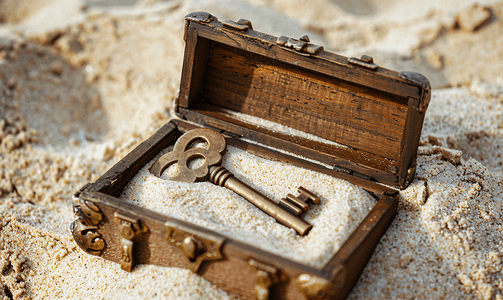 详细页摄影照片_沙滩上棕色盒子里的复古风格钥匙