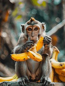 猴子在石桌上吃香蕉