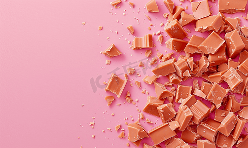 焦糖被压碎成粉红色背景顶视图的碎片并带有复制空间