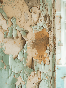 废弃建筑内肮脏破旧的墙壁的特写镜头