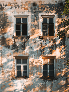 部分老建筑的窗户在早晨的阳光下有阴影