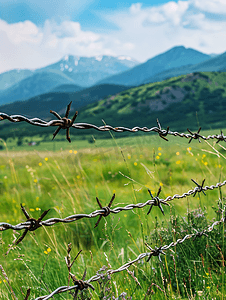 山上的草地上有铁丝网作为牧场围栏