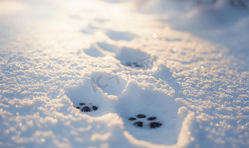 片状雪花摄影照片_狗在雪地里留下的足迹