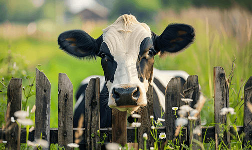 荷斯坦奶牛望着木栅栏
