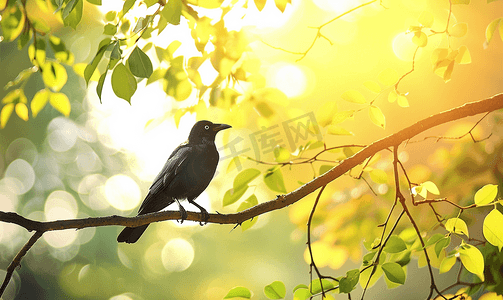 灰色枝条摄影照片_乌鸦坐在树上树枝上的鸟