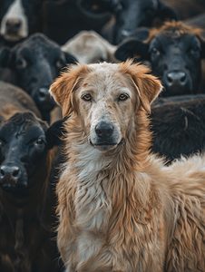 阿尔卑斯奶牛摄影照片_贝加莫牧羊犬在一群牛中
