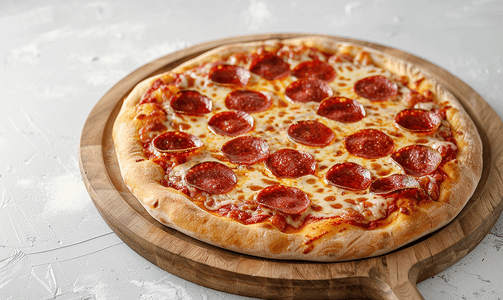 灰色混凝土背景中木盘上放着美味的意大利辣香肠披萨