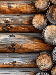 旧木屋木质或质朴木质背景正面的折叠圆形原木