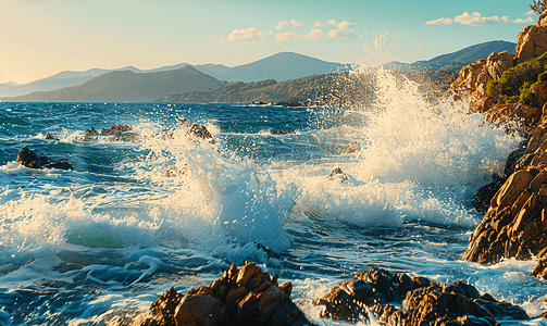 涨潮时海浪冲击岩石海岸