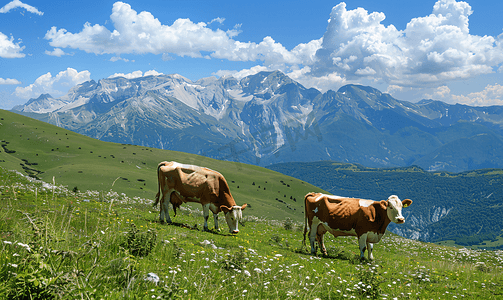 两只清澈的牛在高山上吃草