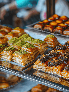 品味美食摄影照片_市场上的土耳其传统果仁蜜饼沙漠