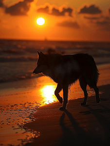 日落时分在沙滩上散步的狗的轮廓