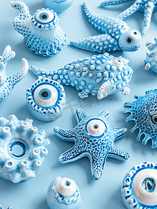 出现旅游摄影照片_邪恶之眼的蓝色陶瓷玩具以不同的动物珊瑚形式出现