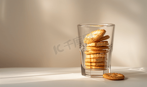 玻璃透明瓶子摄影照片_带饼干的小玻璃杯初始化