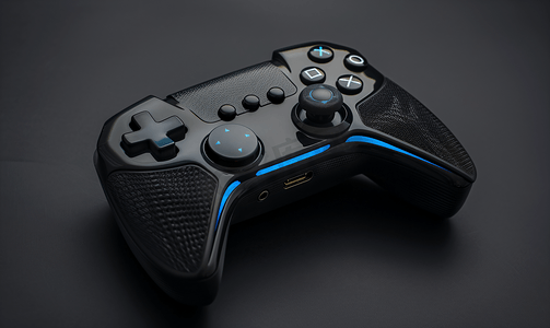 黑色游戏控制器游戏手柄黑色背景上带有蓝色按钮倒置关闭