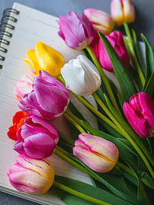 春茶上春摄影照片_笔记本上五颜六色的春花