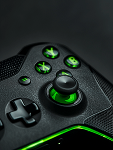 黑色游戏控制器游戏手柄黑色背景上带有绿色按钮倒置关闭