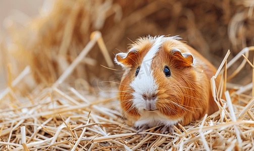 干草上的可爱红白豚鼠特写小宠物在它的房子里