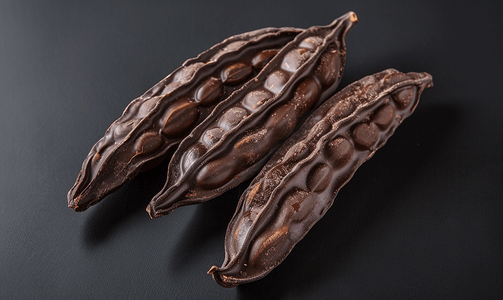 黑色背景中的角豆巧克力棒的豆荚