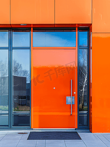 通往大楼的橙色门办公室入口处带玻璃的门