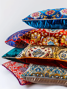 绣花图案的摄影照片_具有传统图案的装饰色彩缤纷的东方枕头
