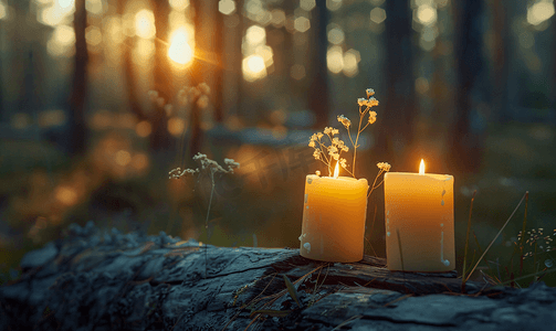 双十一火拼摄影照片_森林里一根旧木头上的两支蜡烛