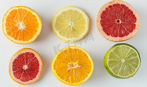 不同的柑橘类水果切片如葡萄柚、橙子、柠檬和酸橙