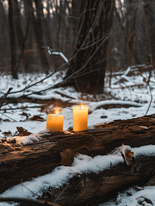 上蜡摄影照片_森林里一根旧木头上的两根蜡烛