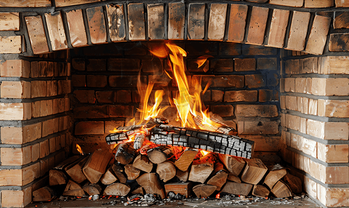 火炉壁炉摄影照片_在砖砌壁炉中燃烧木材