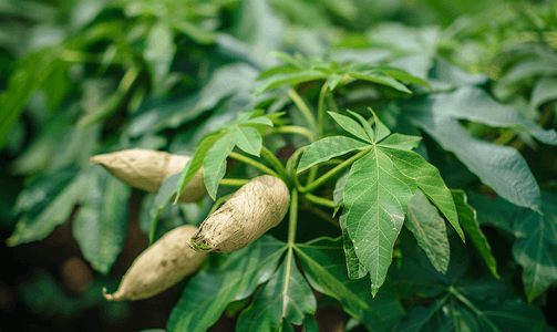 健康绿色环境摄影照片_木薯植物营养丰富叶子也可用作蔬菜烹饪