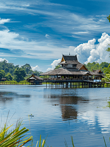 马来西亚婆罗洲古晋到砂拉越文化村的湖