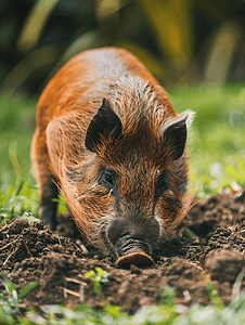 胡子猪在绿色草坪上挖土